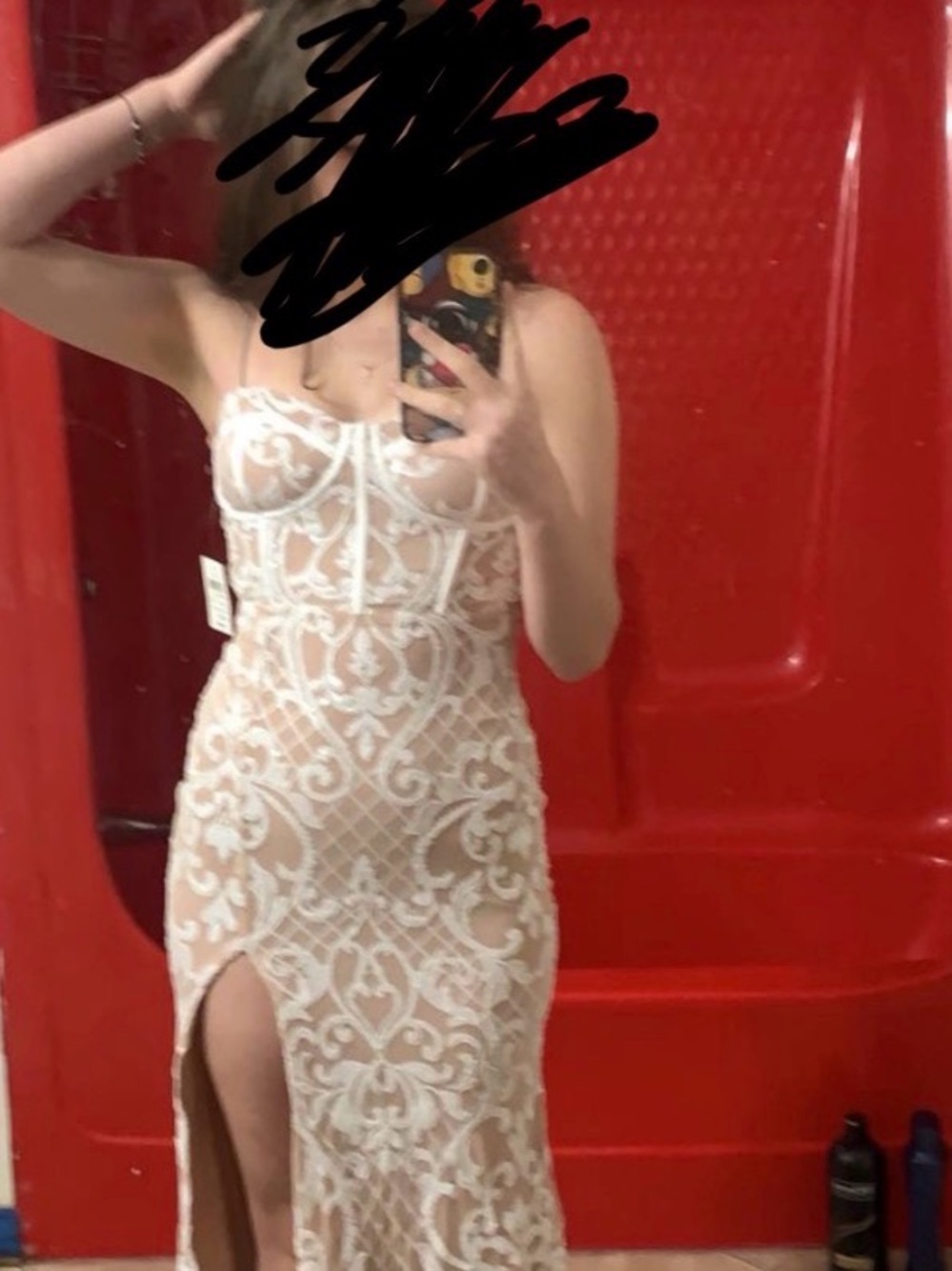 Windsor White Lace Sheer Beaded Prom Dress with Slit